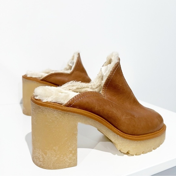 Free People James Cozy Mule Faux Fur Cognac Leather Chunky Platform Sole 39.5 - Picture 6 of 14
